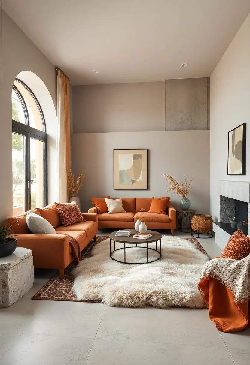 Creamy Soft Sheepskin Rugs Nestled Among Burnt Umber and Soft Clay Toned Linens