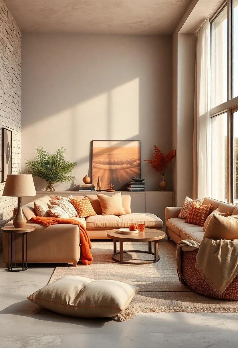 Sunset Inspired Color Scheme Combining Rich Browns and Soft Peach Textiles in a Living Space