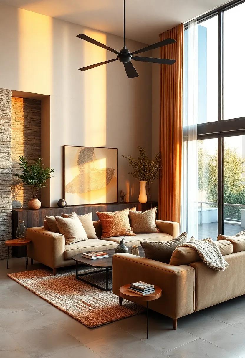 Golden Hour Lighting Enhancing the Warmth of Plush Earth Tone Fabrics and Natural Wood Elements