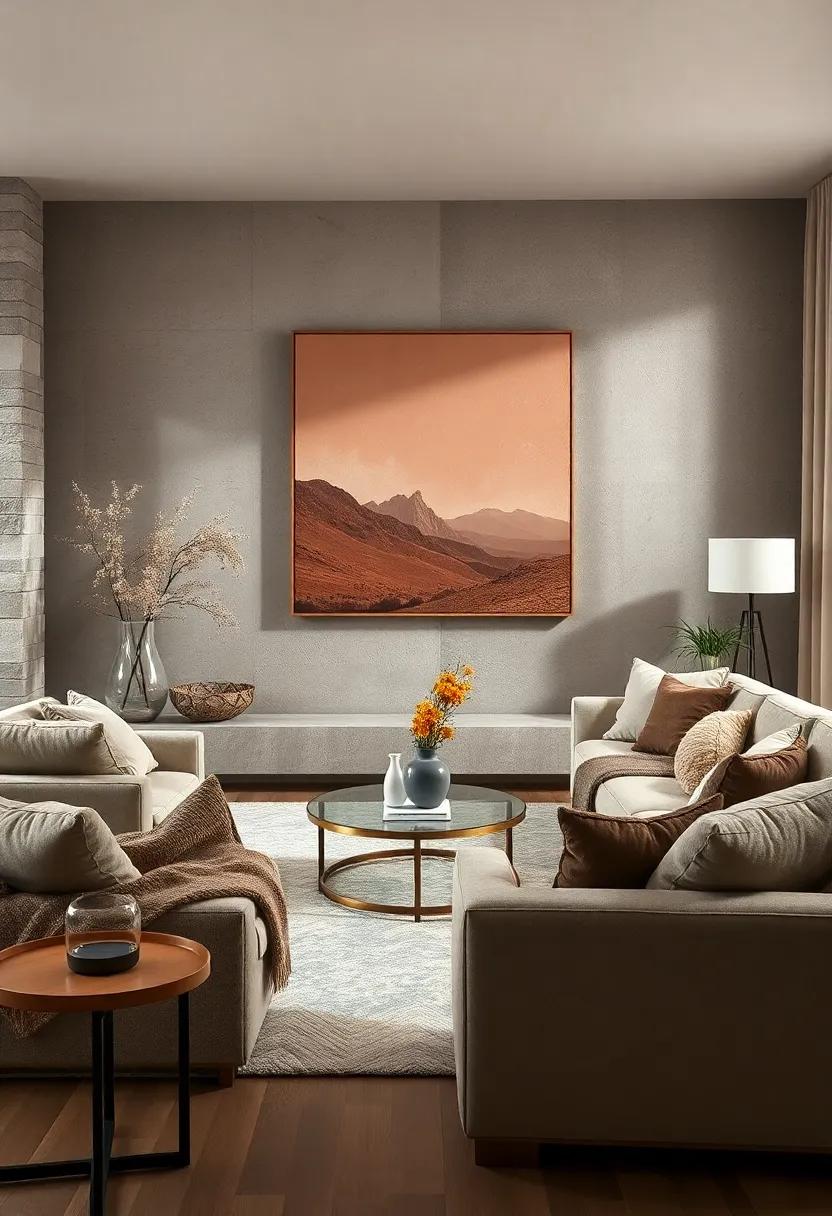 Muted Clay and Taupe Wall Art Blending Into a Plush Textile Landscape in a Warm Living Room