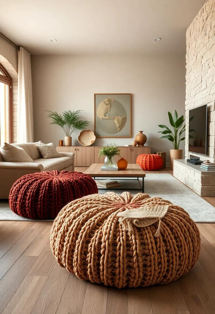 Chunky Knitted Poufs in Rust and Beige Resting on Frosty Oak Hardwood Floors Evoking Warmth