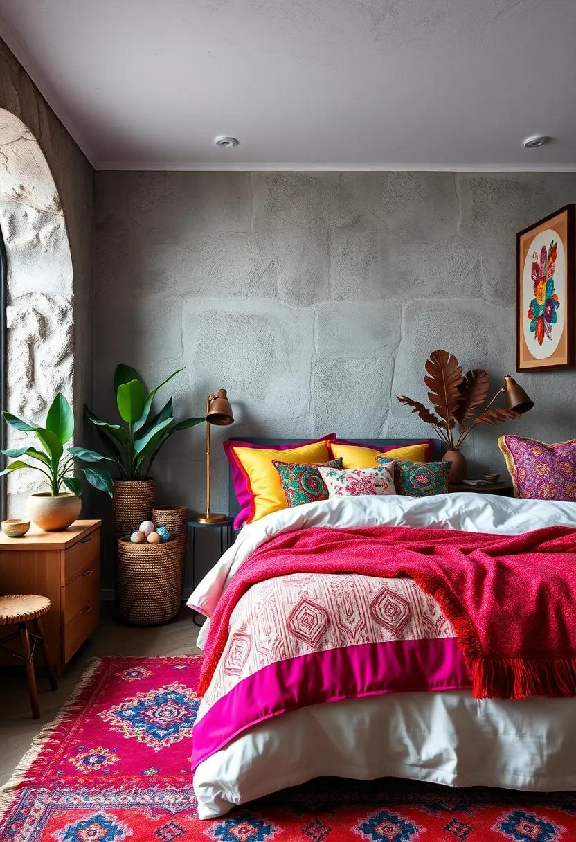 Eclectic Bedroom Design Featuring Vibrant Bedding and Contrasting Patterns for Bold Comfort