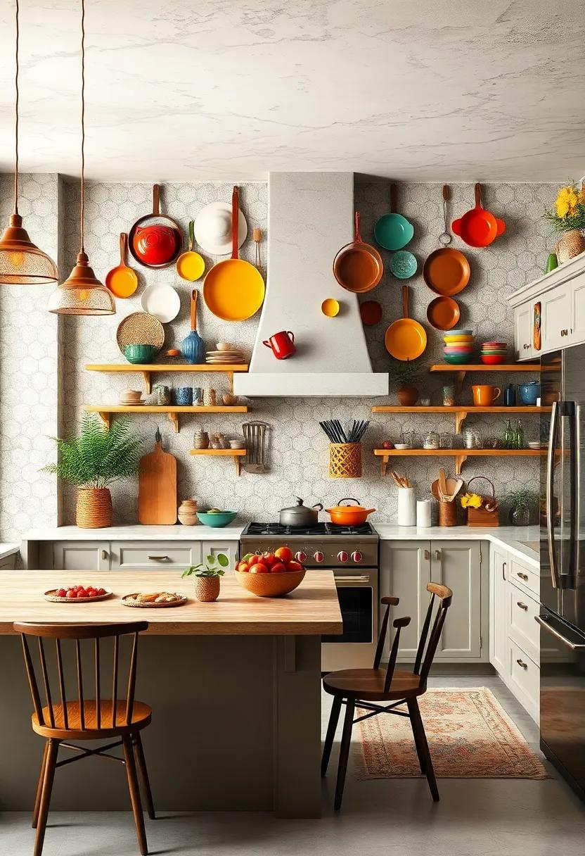 Colorful Ceramic Cookware Hung as Art to Enhance Eclectic Kitchen Wall Displays