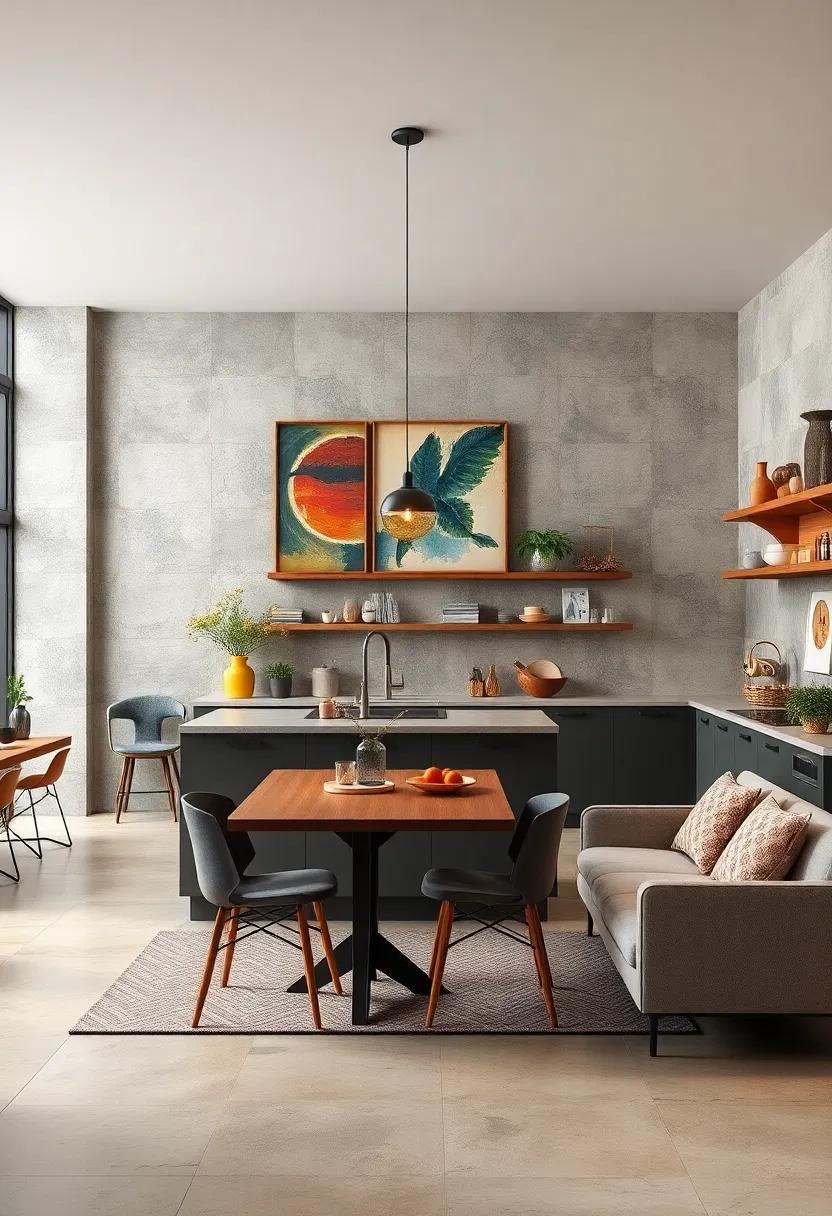 Eclectic Wall Art Blending Abstract and Classic Prints for Dynamic Kitchen Ambiance