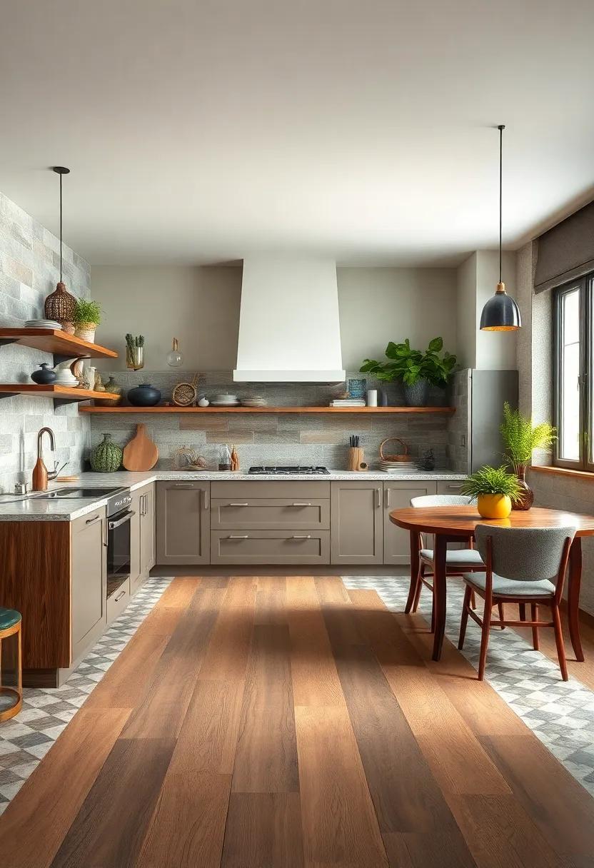 Eclectic Kitchen Flooring Combining Patterned Tiles with Reclaimed Wood for Visual Impact