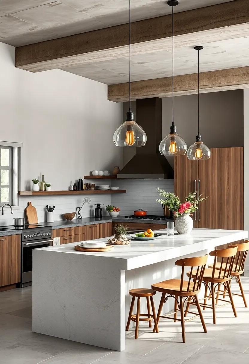 Unexpected Light Fixtures Combining Antique and Contemporary Elements Over Kitchen Islands