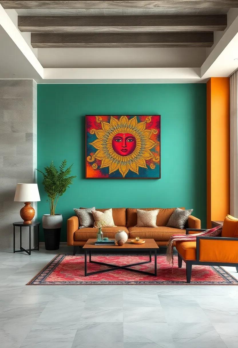 Juxtaposing Minimalist Backgrounds with Opulent, Colorful Cultural Wall Statements