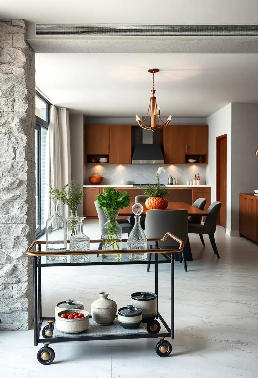Chic bar cart stocked with vintage glass decanters and fresh herbs standing beside a dining room open to a stylish kitchen