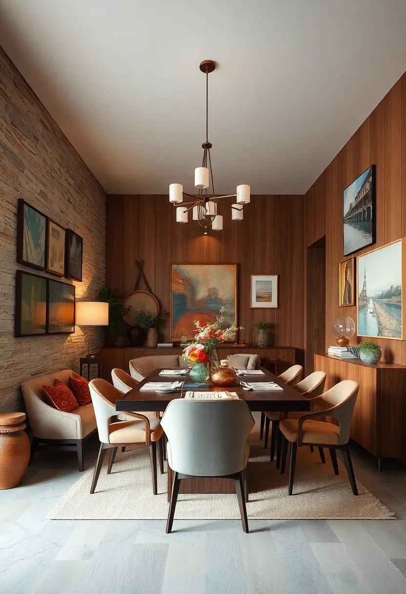 Eclectic mix of vintage and modern art pieces lining the walls of a warm, welcoming dining room with mixed wood textures