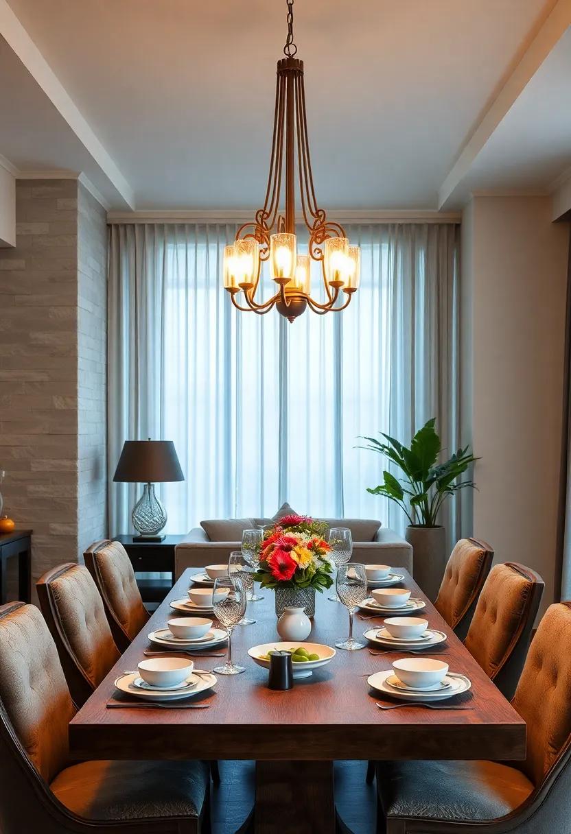 Elegant chandelier casting a warm glow over a classic wooden dining table set with fine china and crystal glassware