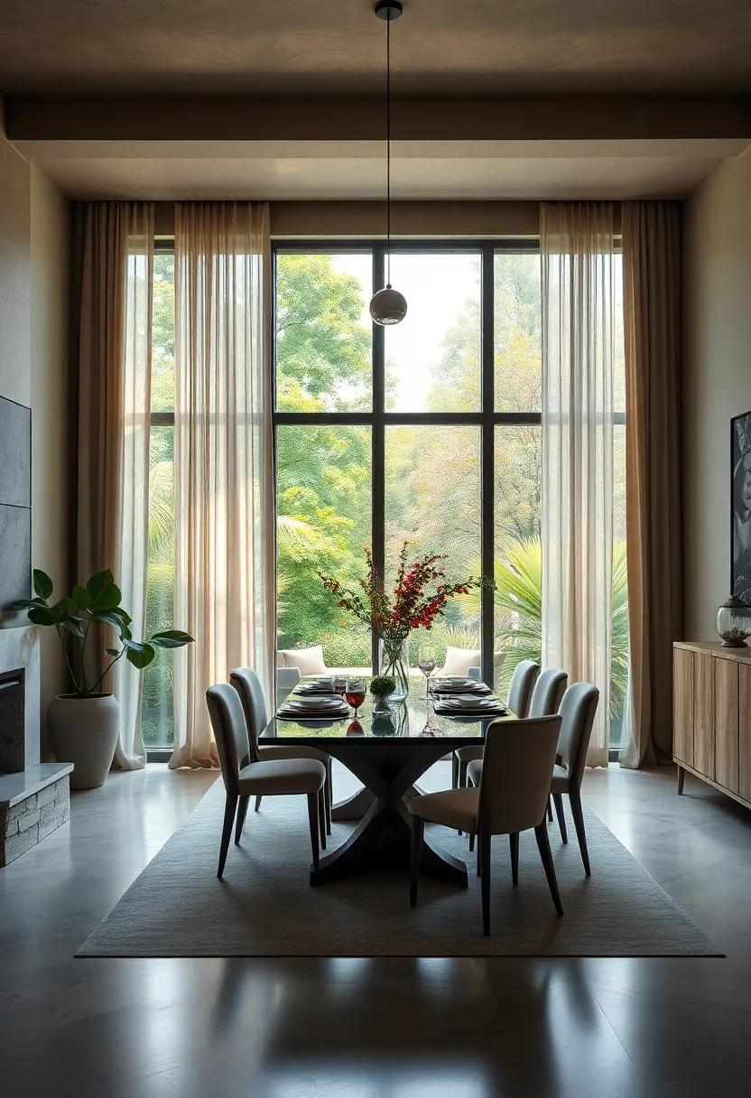 Floor-to-ceiling windows revealing lush garden views softly framed by flowing linen drapes in a refined dining room