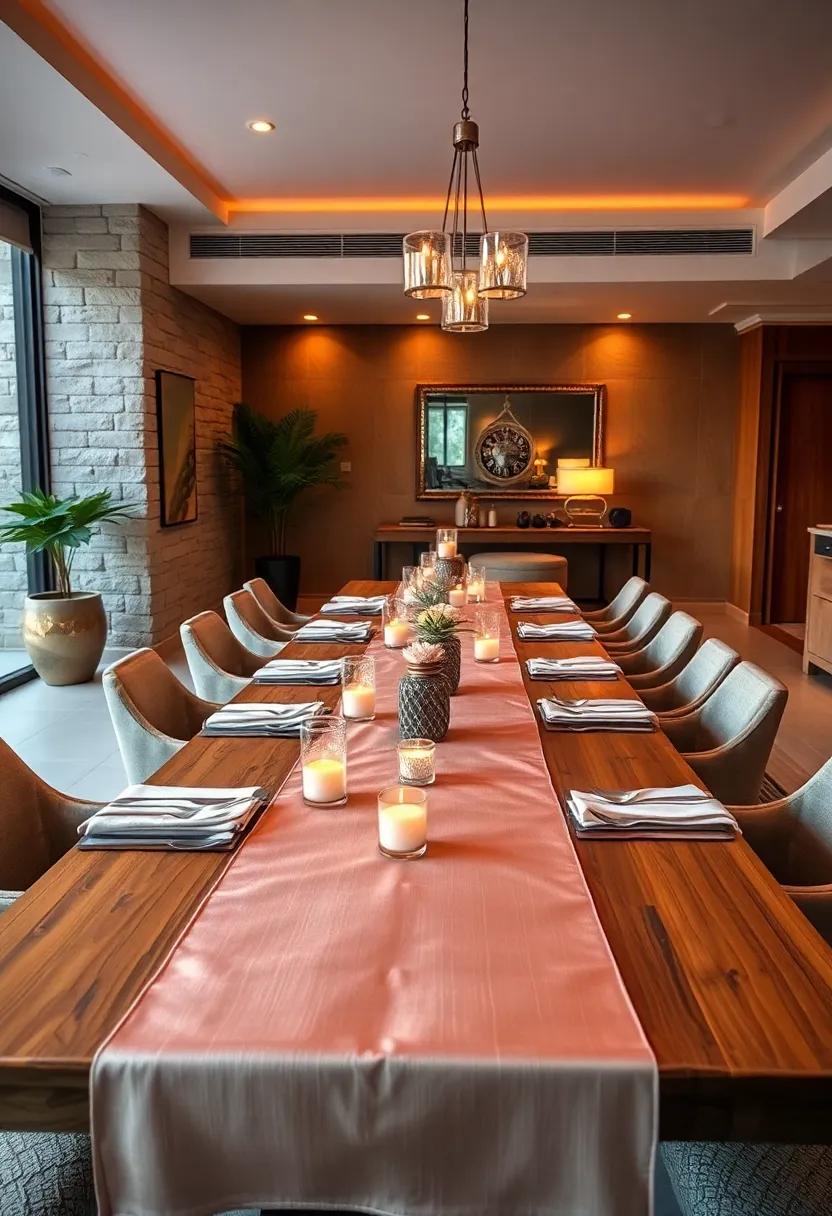 Luxurious silk table runner dotted with crystal votives enhancing a long wooden table set for an evening dinner party