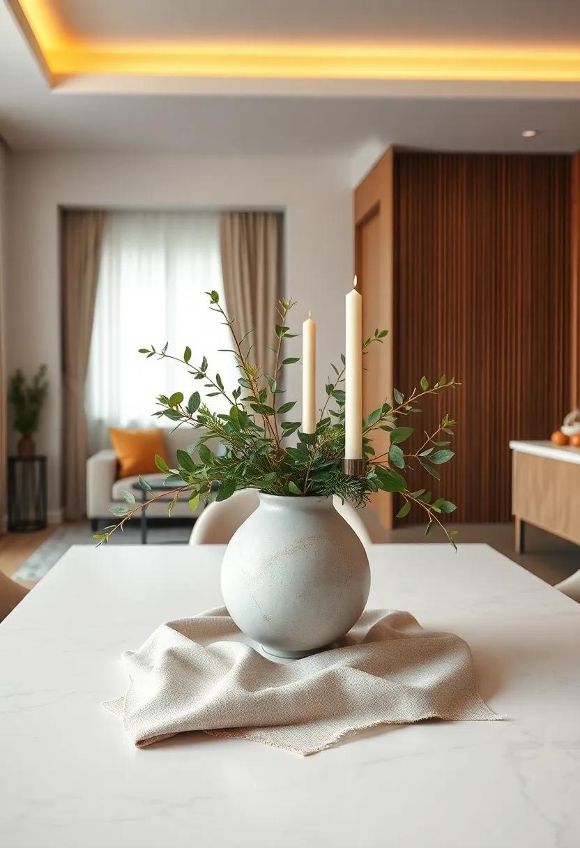 Minimalist table centerpiece showcasing a sculptural vase with seasonal greenery and tapered candles on a sleek surface