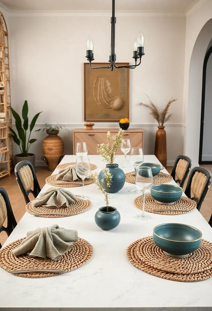 Set table featuring braided placemats, handwoven napkins, and artisanal ceramic plates creating a rustic elegant look