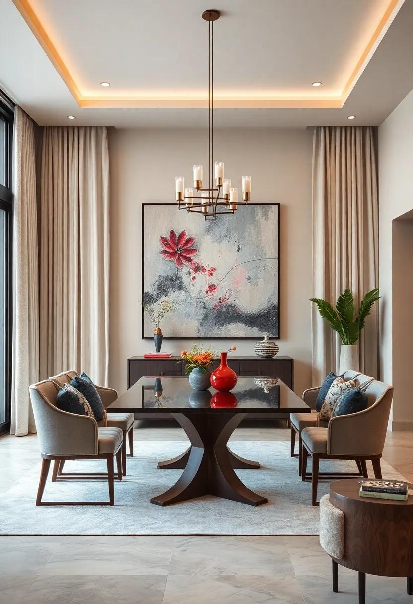 Soft neutral color palette walls complemented by textured curtains and an oversized abstract painting in a formal dining space