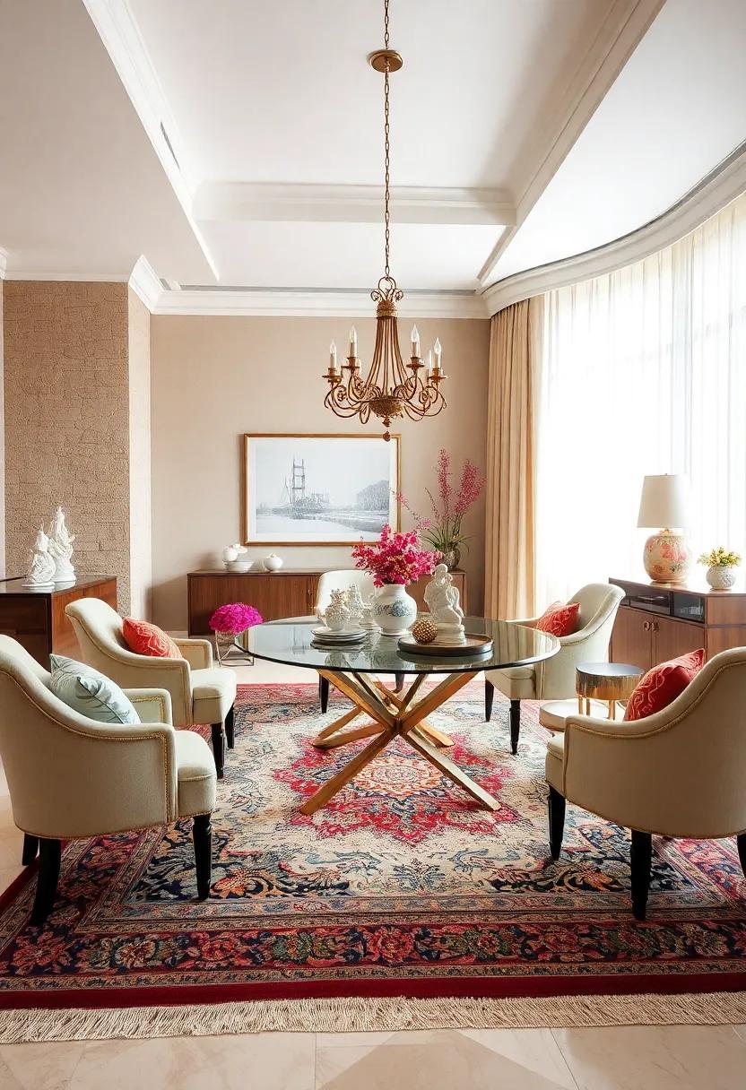 Traditional Persian rug anchoring a formal dining area with a curated collection of porcelain figurines and silver trays