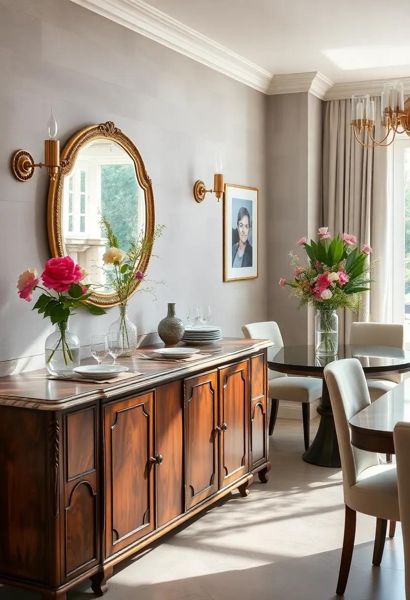 Vintage-inspired sideboard adorned with polished silverware and fresh floral arrangements in a sunlit dining nook