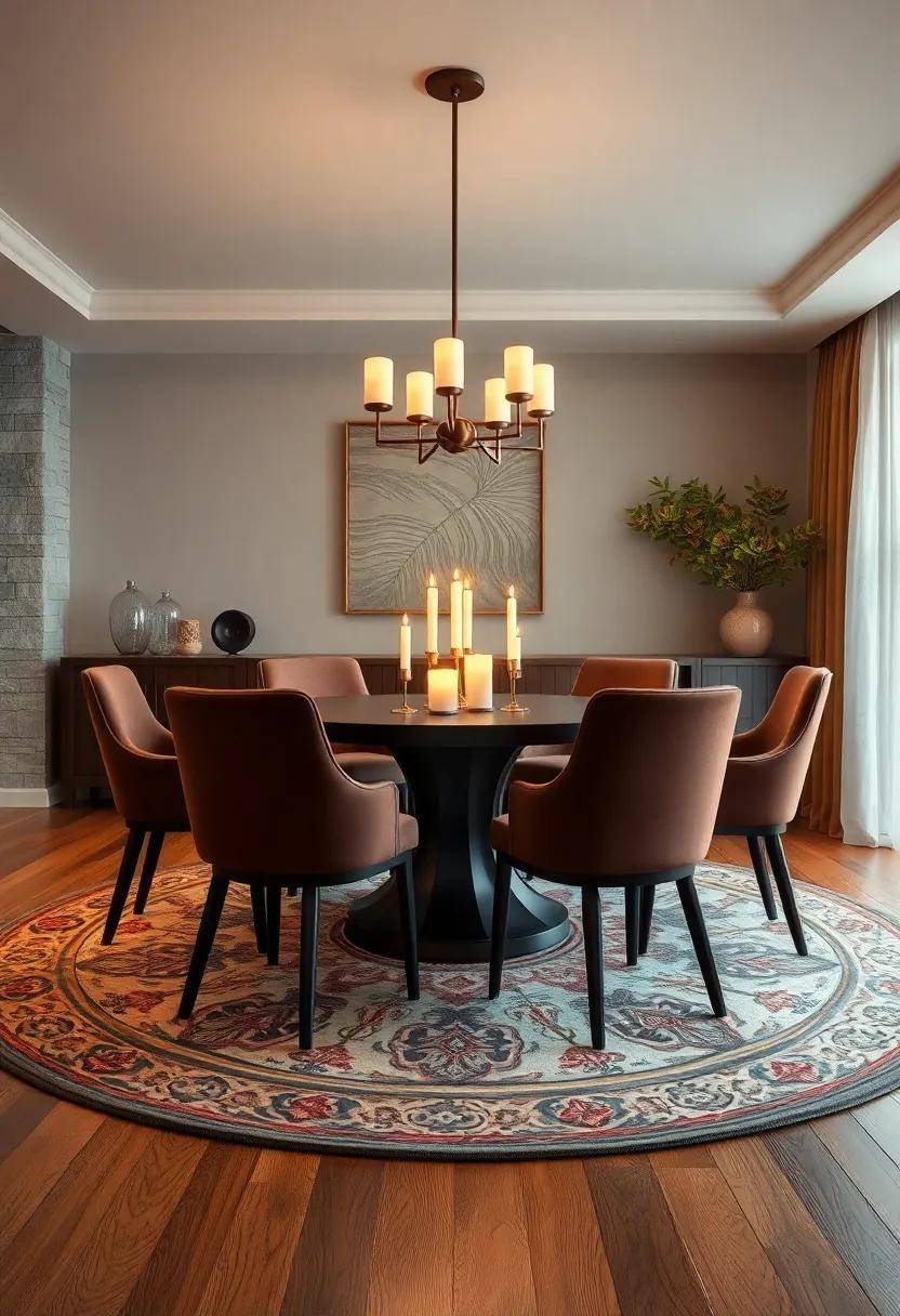 Warm hardwood floors paired with an intricate area rug beneath a round dining table illuminated by candlelight