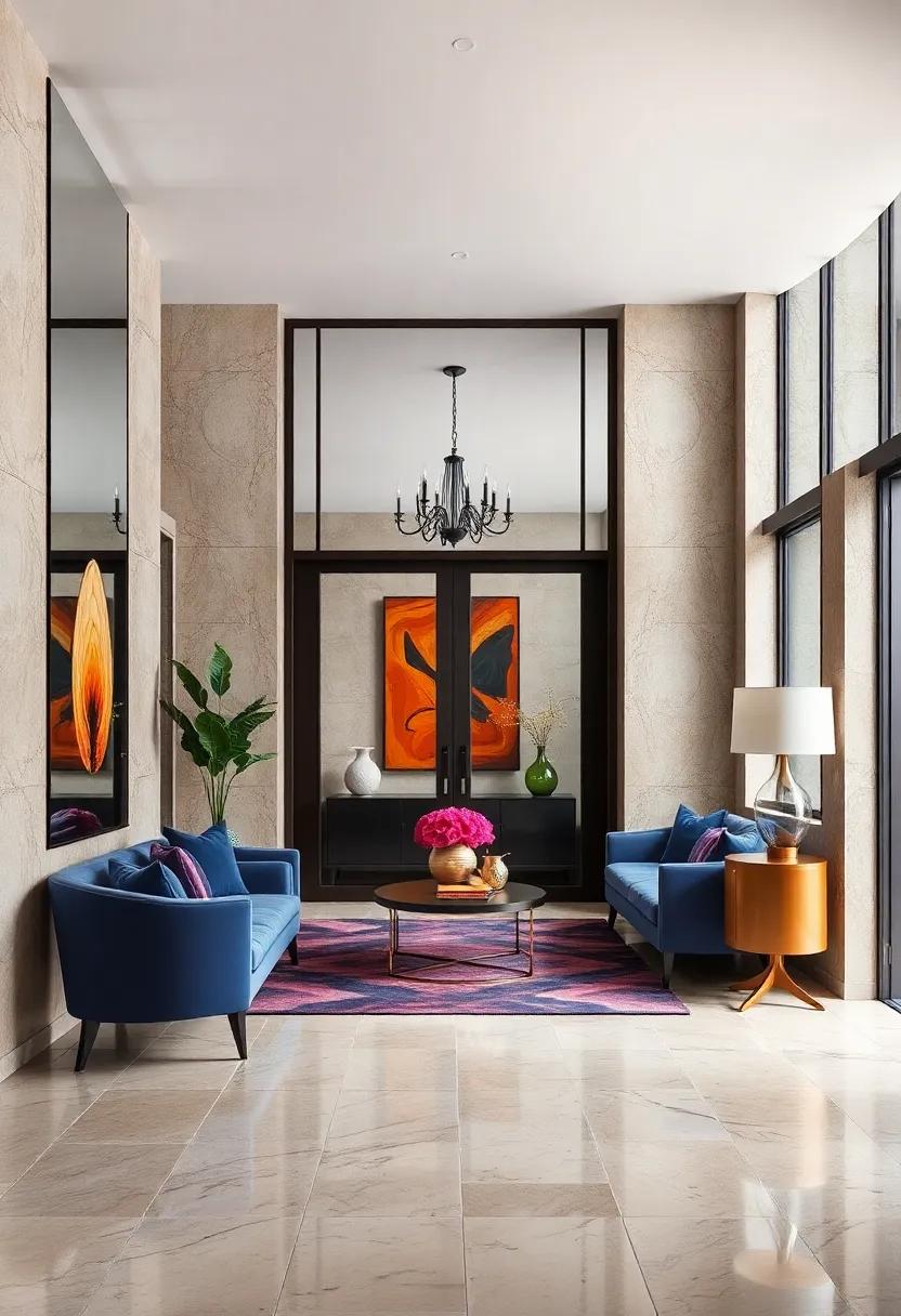 Art Deco Influences in Mirrored Entry Walls Combining Symmetry and Bold Contrast