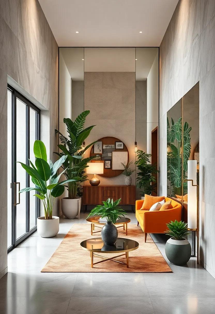 Blending Mirrored Walls with Lush Indoor Plants to Cultivate a Refreshing Green Entryway