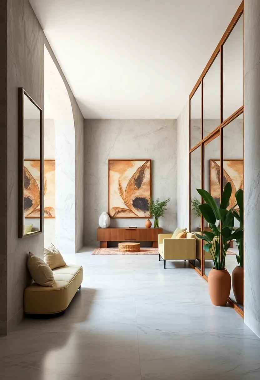 Bold Contrasting Frames on Mirrored Walls Defining Entry Spaces with Striking Borders