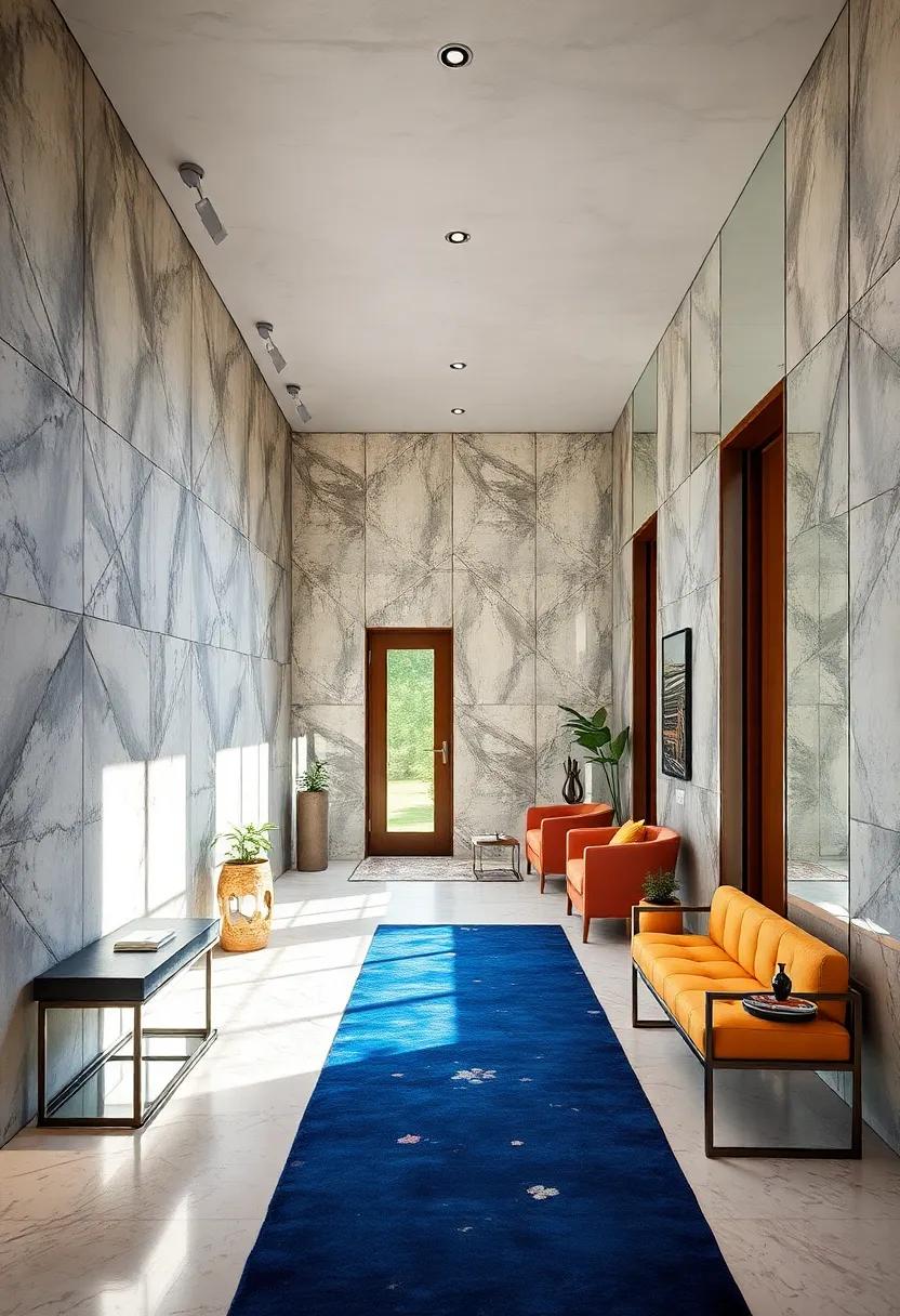 Bold Geometric Patterns in Mirrored Walls Transforming Minimalist Entry Spaces