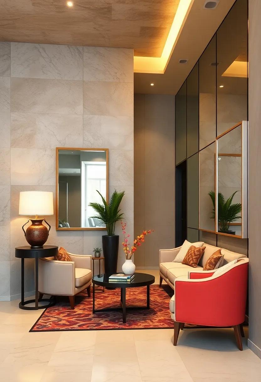 Contemporary Mirrored Walls Featuring Sleek Metallic Frames for Urban Entry Aesthetics