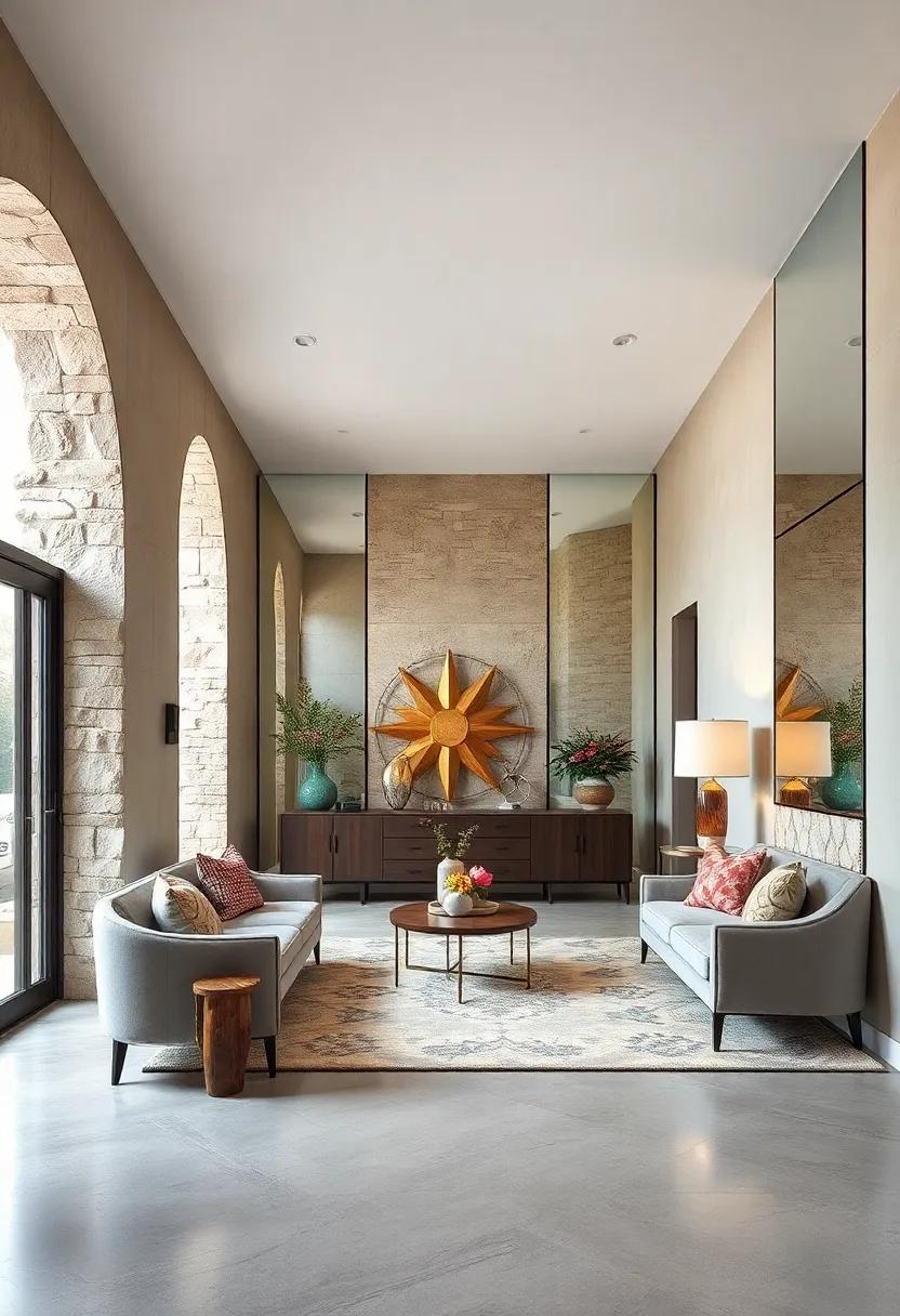 Mirrored Walls Paired with Natural Stone Accents to Enhance Rustic Elegance