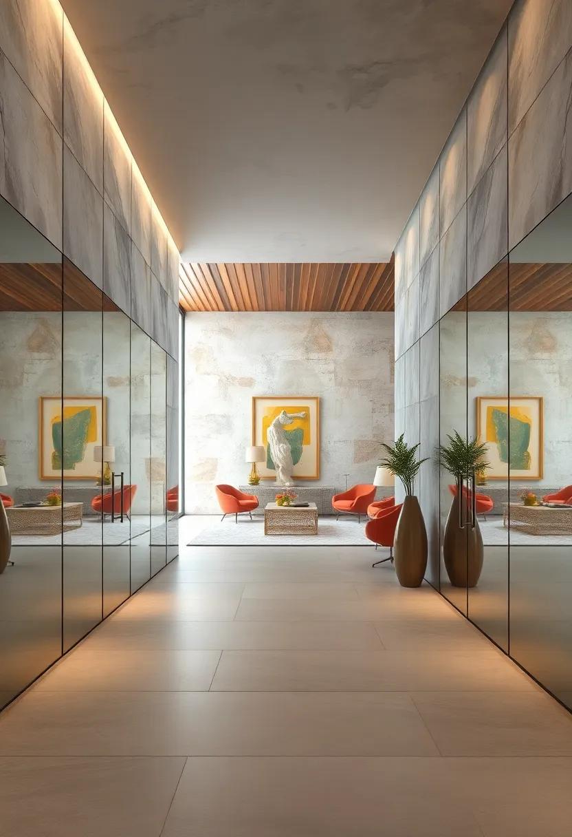 Mirrored Walls Reflecting Art and Sculpture to Form a Gallery-Like Entry Experience