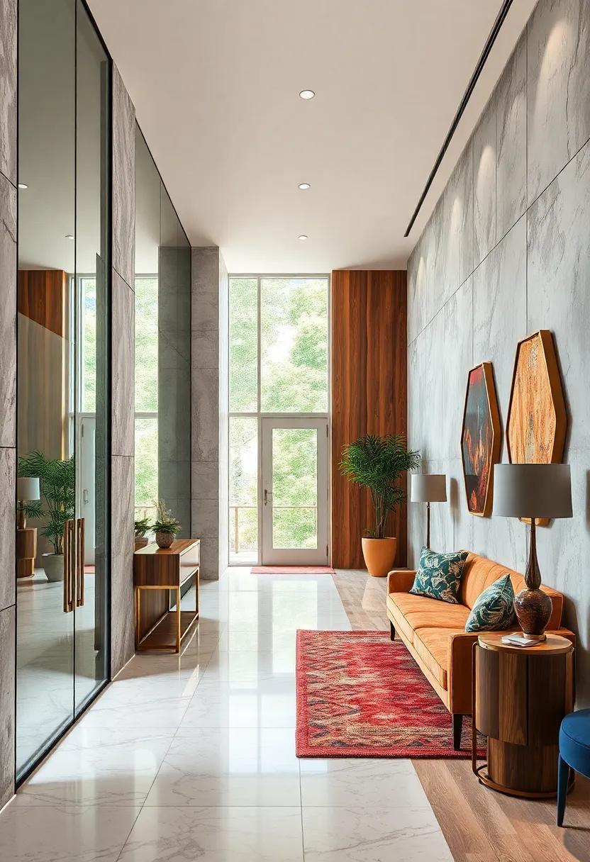 Mixed Material Entryways Combining Mirrored Walls with Rich Wood Textures for Contrast