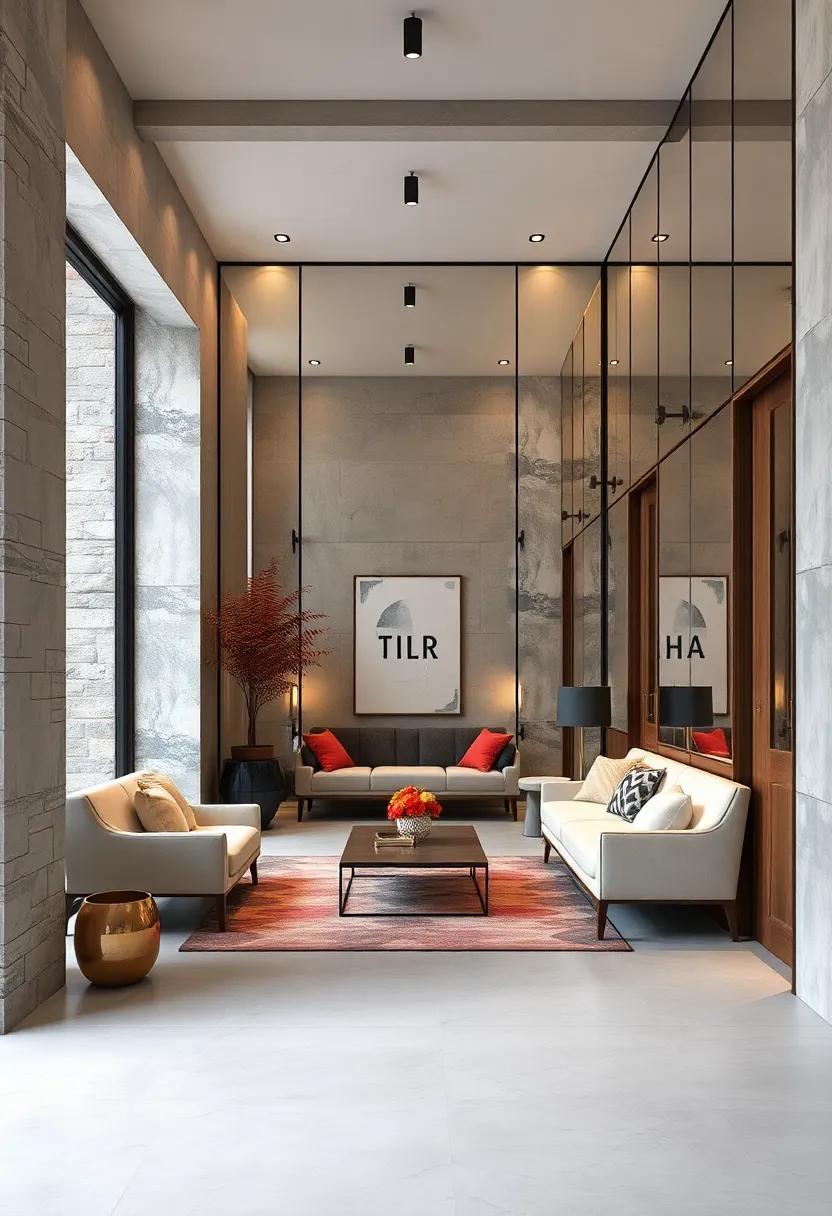 Monochrome Mirrored Walls Enhancing Urban Loft-Style Entrance for Sophisticated Vibes