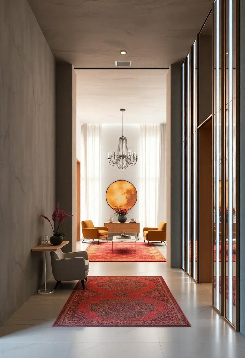 Slim Vertical Mirrored Strips Creating Illusions of Height in Compact Entrances