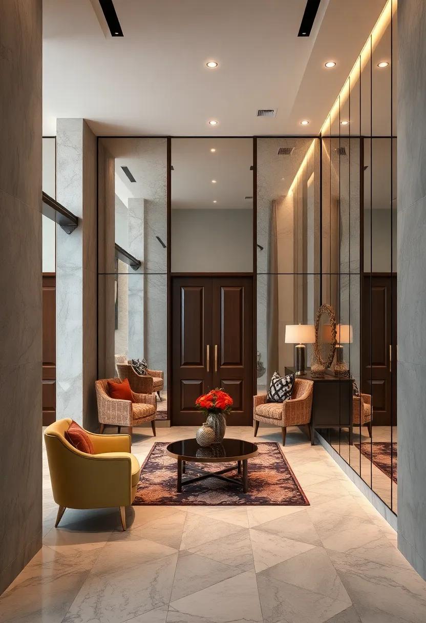 Vintage-Inspired Mirrored Walls Creating a Glamorous Entrance with Antique Overlays