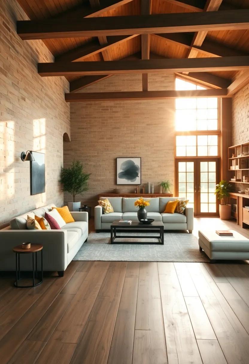 Warm Sunlight Filtering Through Exposed Beams Highlighting Rustic Wooden Floors in a Farmhouse Living Room
