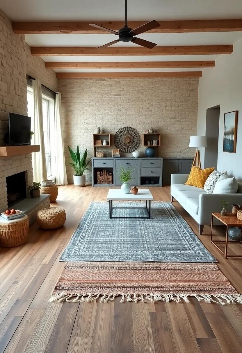 Handwoven Area Rugs Layered Over Distressed Wooden Floors Bringing Texture and Comfort to Farmhouse Spaces