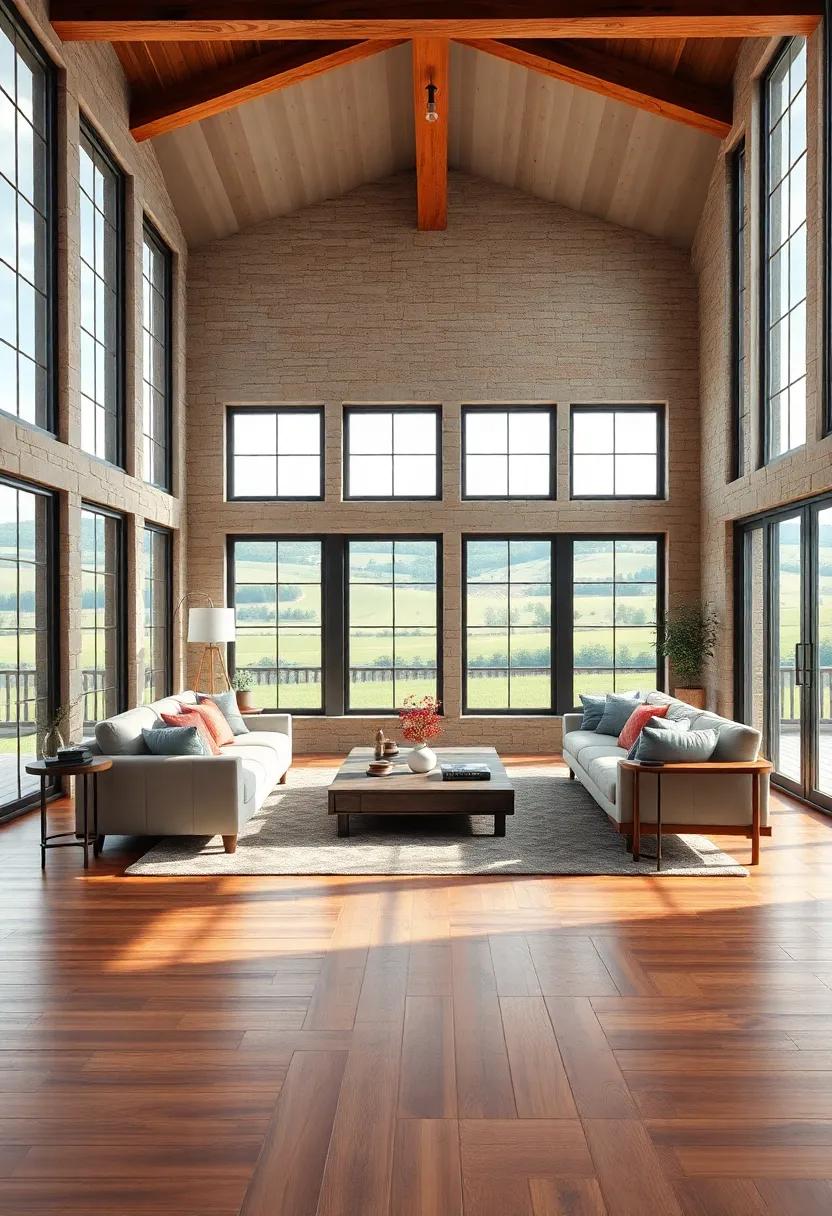 Large Paned Windows Showcasing Rolling Countryside Views Against Warm, Rustic Flooring Backdrops
