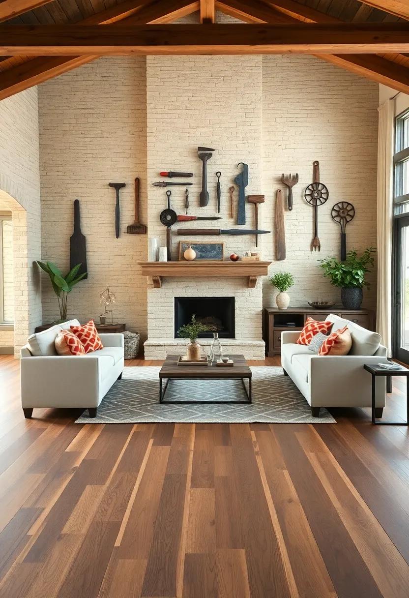Antique Farm Tools Repurposed as Wall Art Over Wide Plank Wooden Flooring Creating Homestead Elegance