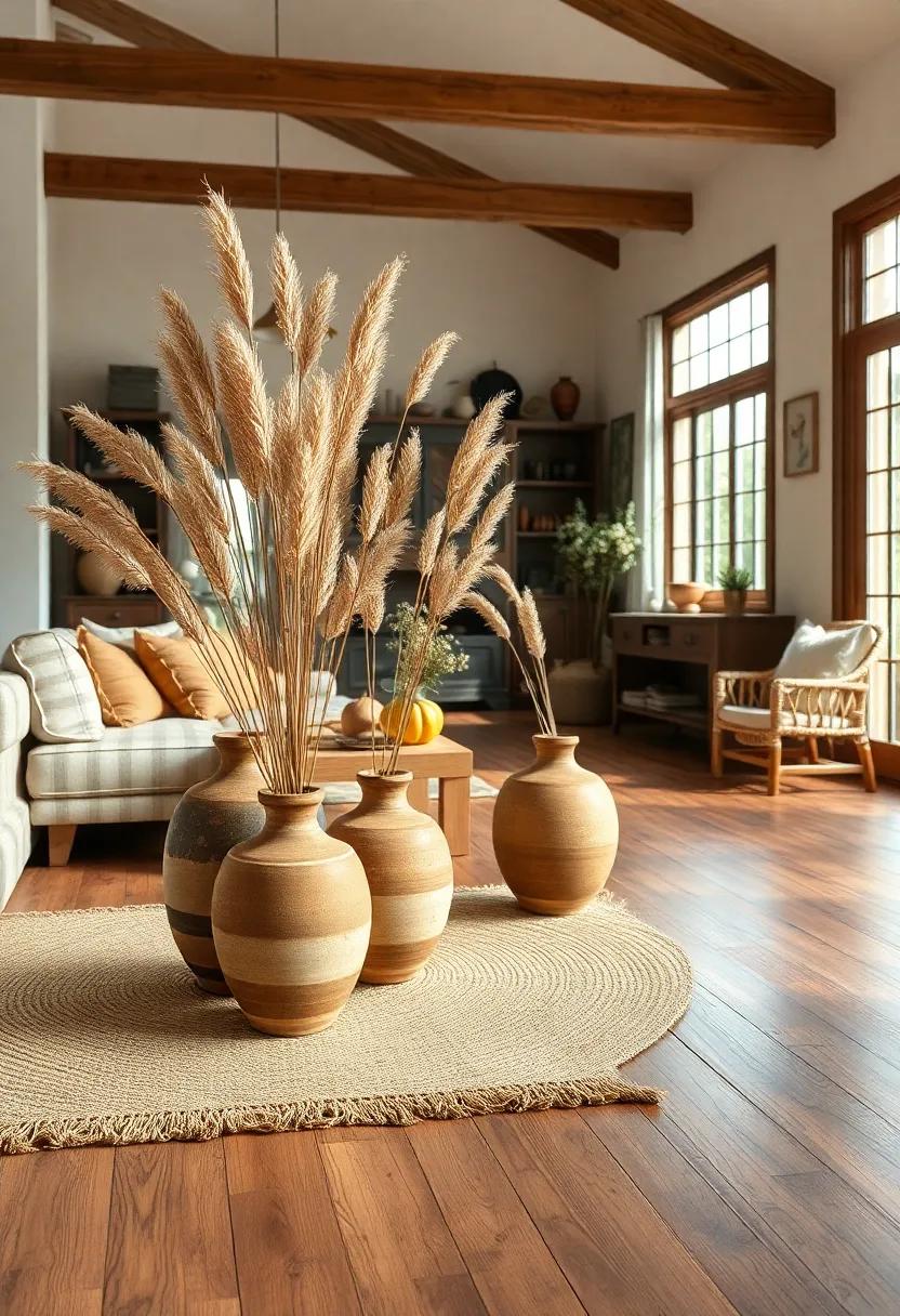 Clay Vases with Dried Grasses Placed on Earth-Toned Rugs and Rustic Hardwood Floors Adding Organic Warmth