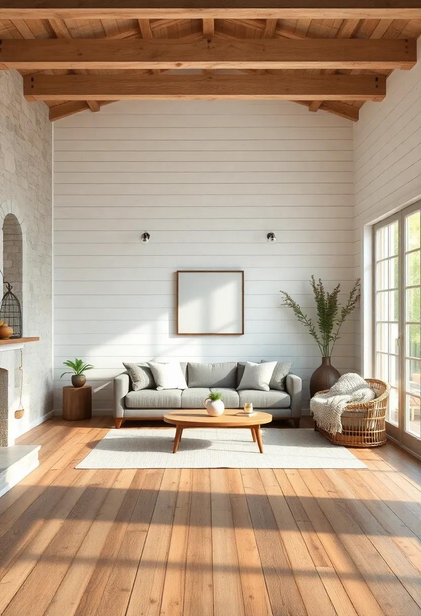 Cozy Reading Nook Against a Wall of Whitewashed Shiplap and Weathered Rustic Wooden Flooring