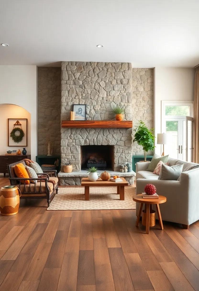 A Stone Fireplace Surrounded by Weathered Wooden Floors and Soft, Neutral Furnishings