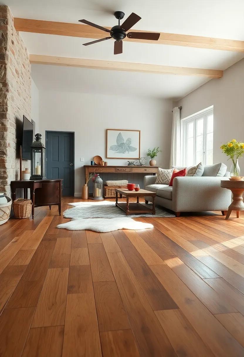 A Farmhouse Living Room's Wooden Floor Catching Light From a Vintage Lantern and Sheepskin Rug