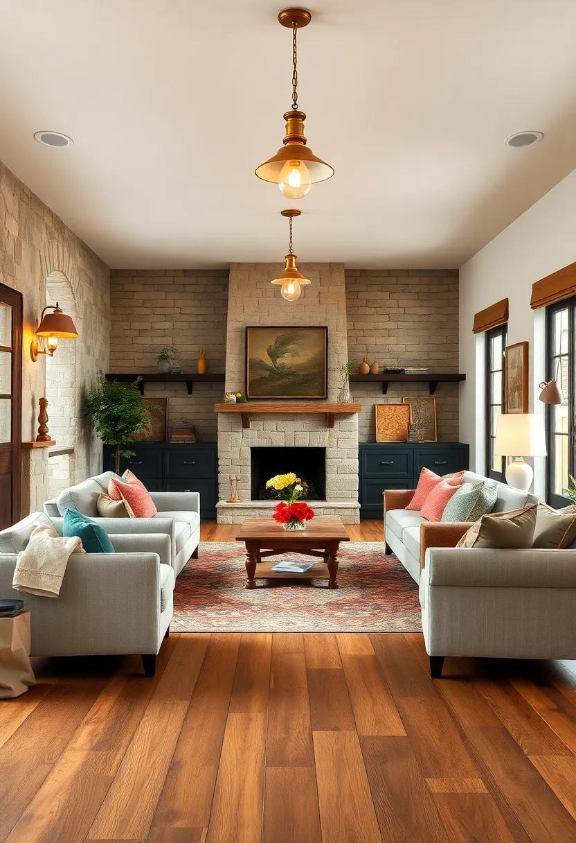Vintage Brass Lighting Fixtures Casting a Cozy Glow Over Reclaimed Wood Floor Interiors