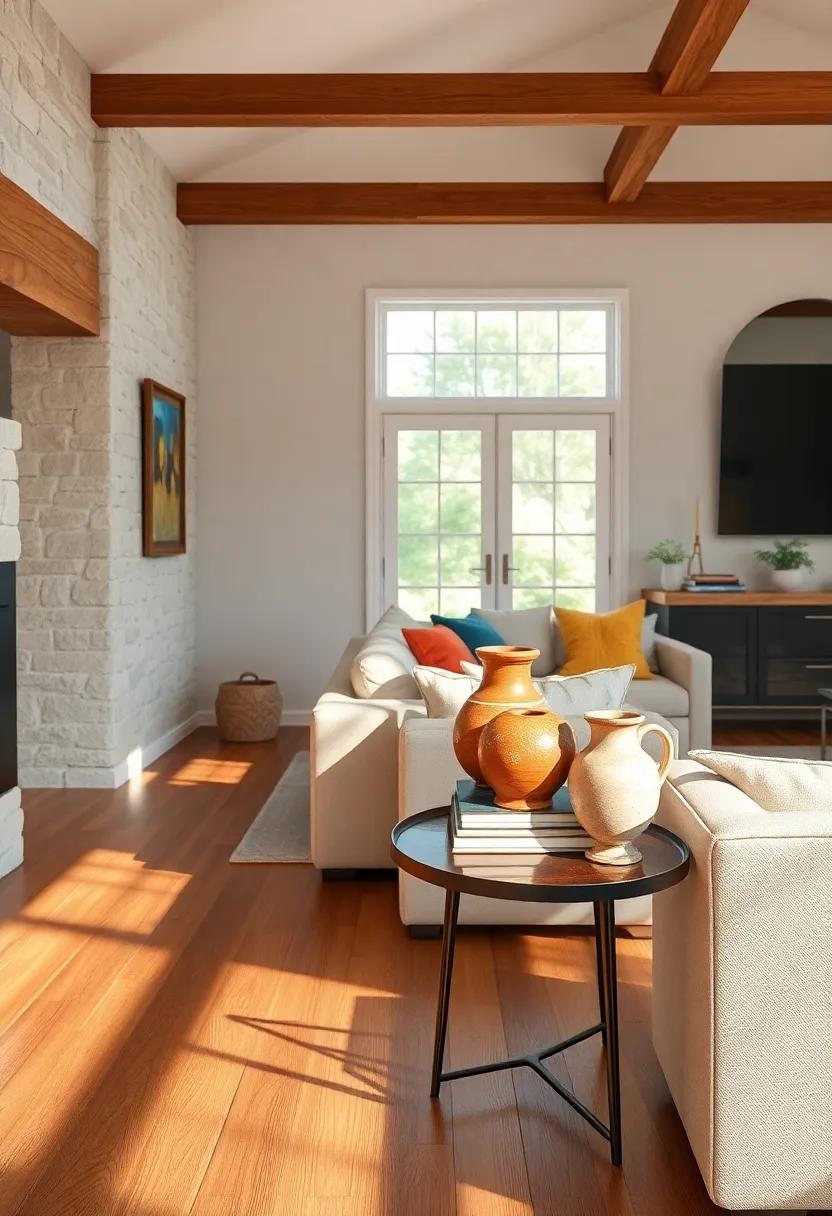 Stacked Antique Books and Handcrafted Pottery Displayed on a Side Table Against Polished Wooden Floors