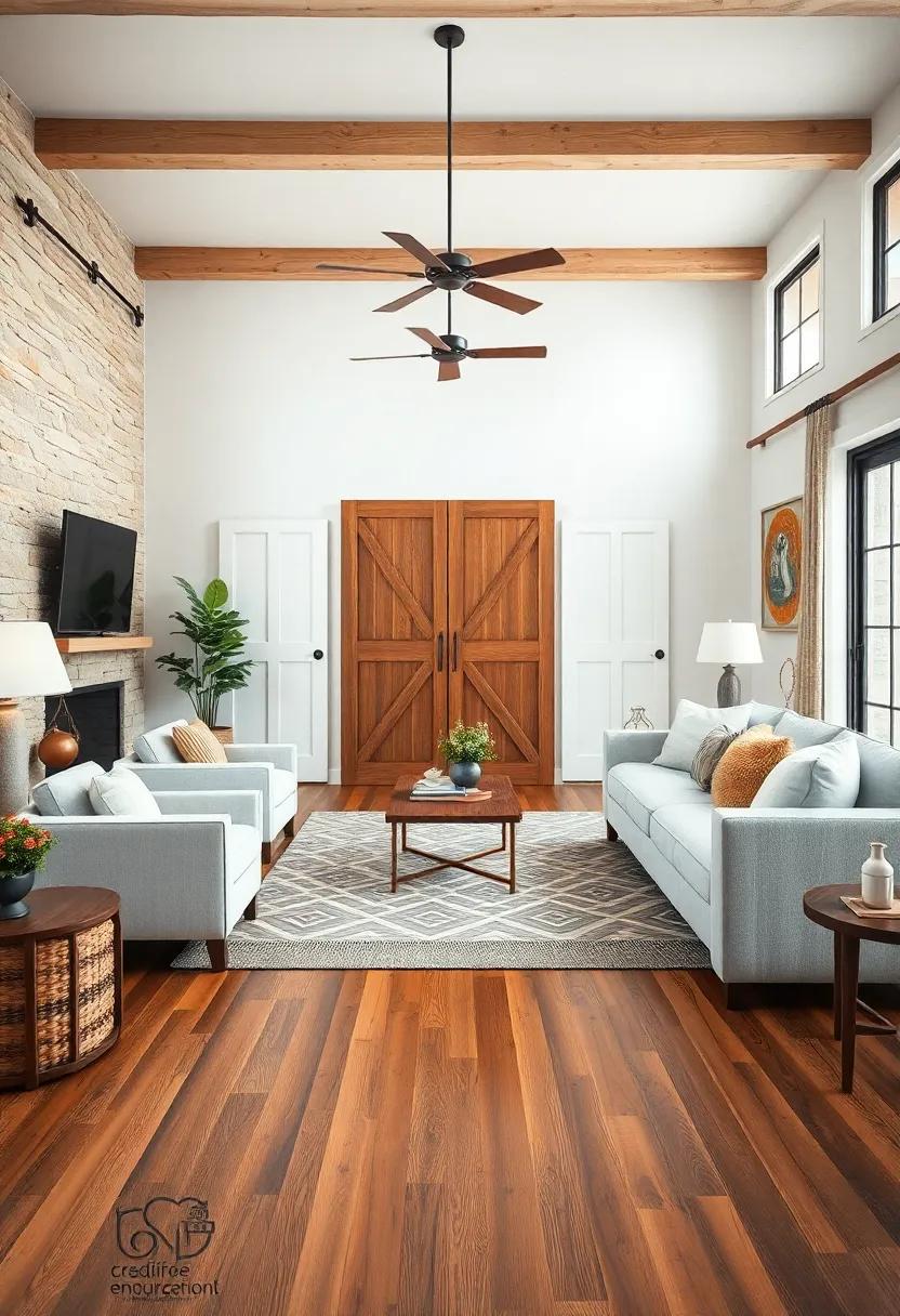 Rustic Wooden Floors Meeting Crisp White Walls and Barn Door Details In A Farmhouse Living Space