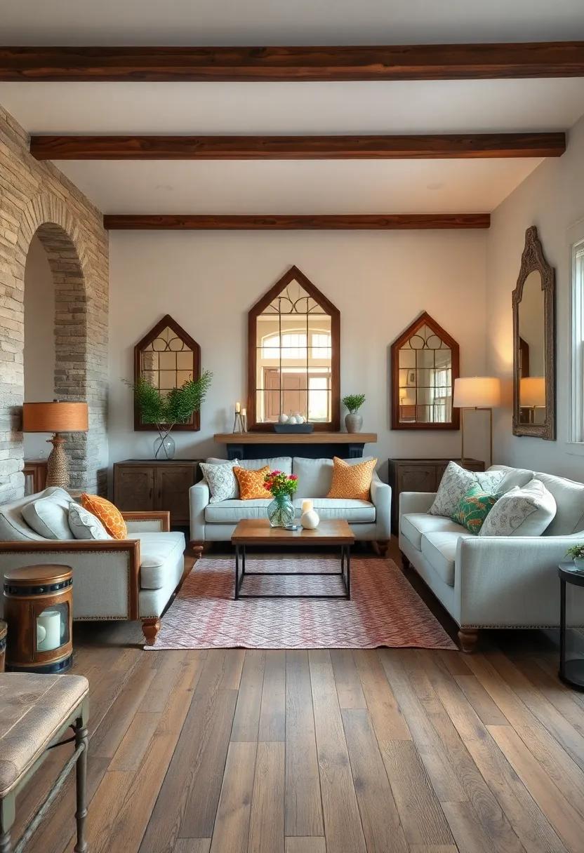 Rustic Wooden Floors Reflected in Antique Mirrors Framed with Reclaimed Barn Wood for Timeless Charm