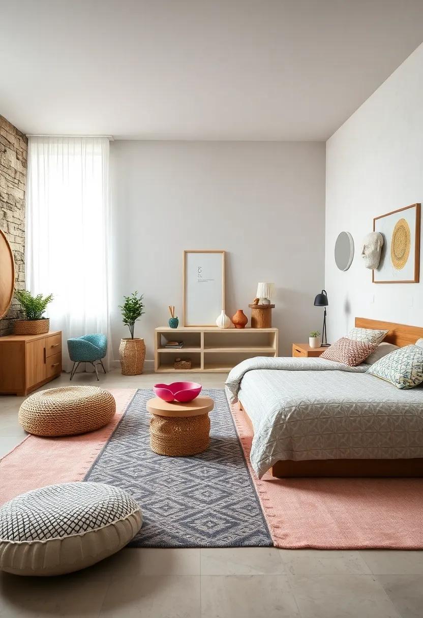 Mix And Match Patterned Rugs And Cushions Bringing Texture And Comfort To A Playful, Neutral Bedroom