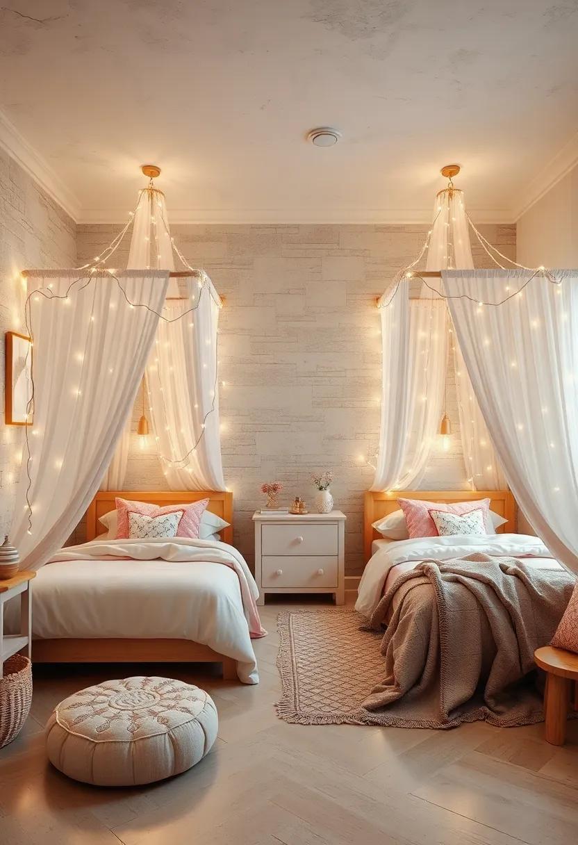 Enchanting Canopy Beds Draped with Twinkling Fairy Lights and Soft Pastel Fabrics Creating a Dreamlike Retreat