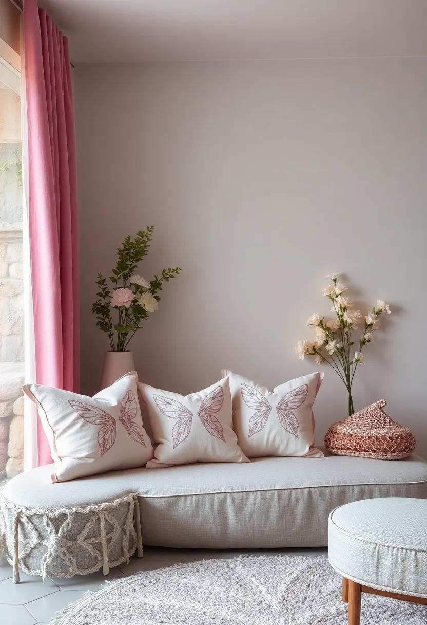 Soft Pastel Throw Pillows Embroidered with Stars, Moons, and Fairy Wings for a Cozy and Mystical Seating Area