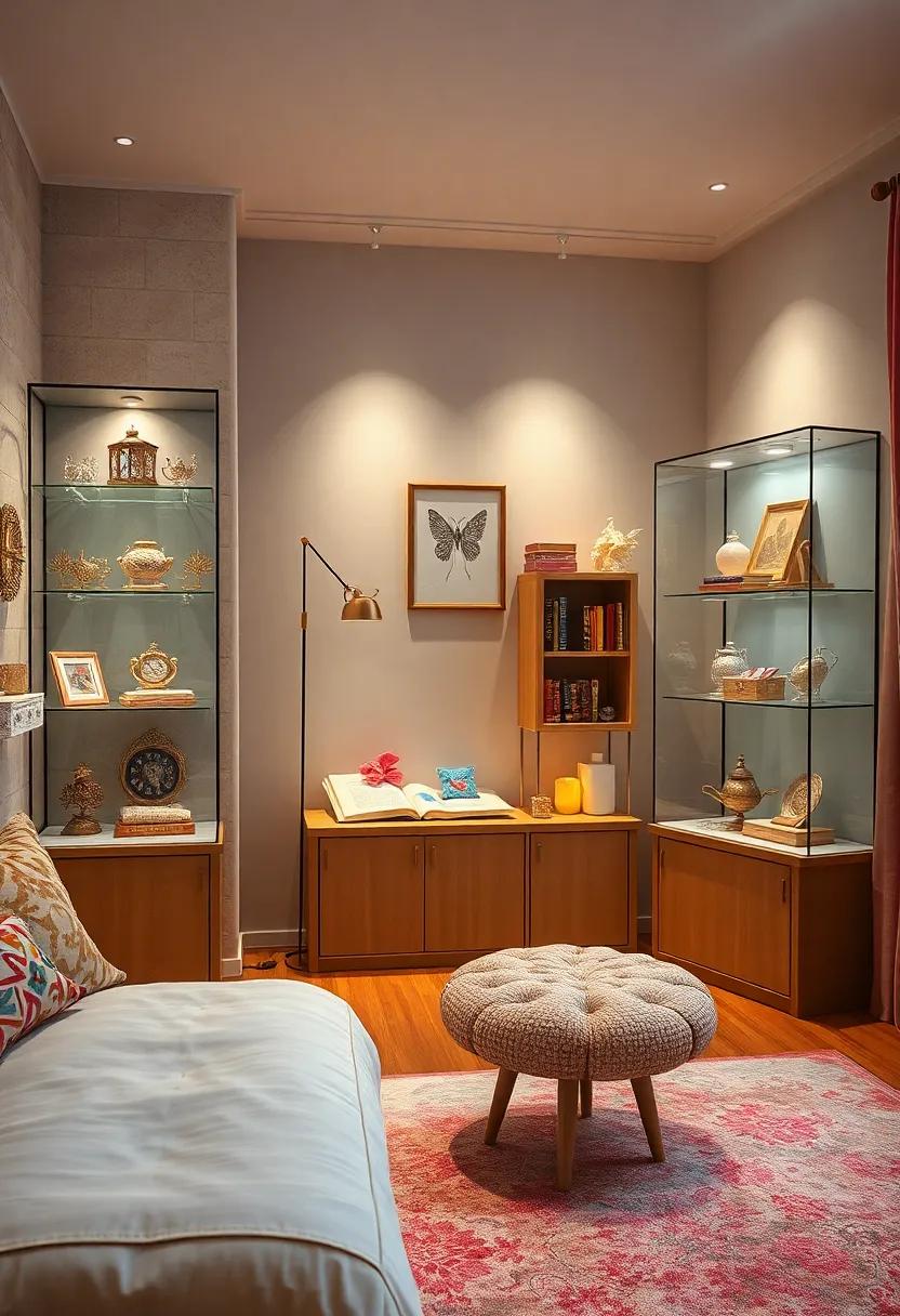 Sparkling Glass Display Cases Showcasing Tiny Trinkets, Magical Books, and Fairy Tale Souvenirs with Delicate Lighting