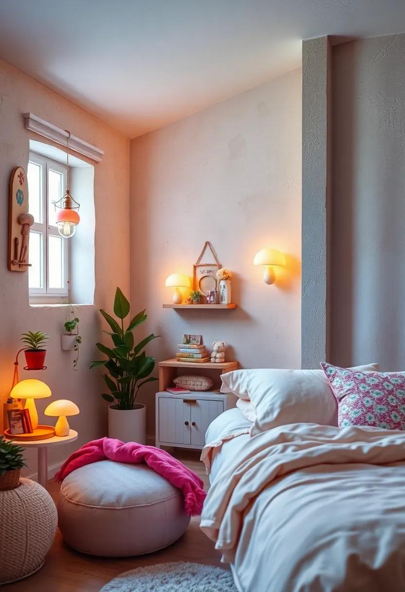 Glowing Mushroom-Shaped Night Lights Emitting a Soften Warm Glow Adding Fantasy and Comfort to the Room's Corner